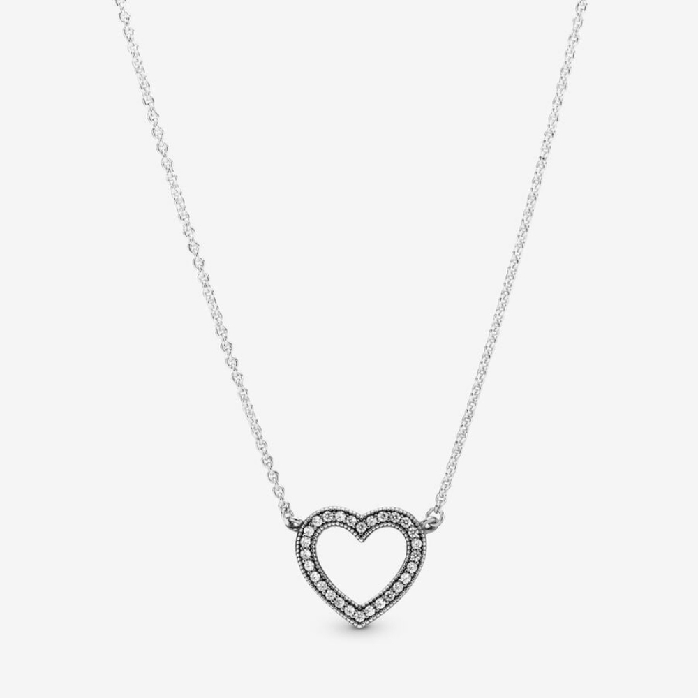Pandora Silver Heart Pendant Necklace with Clear Stones